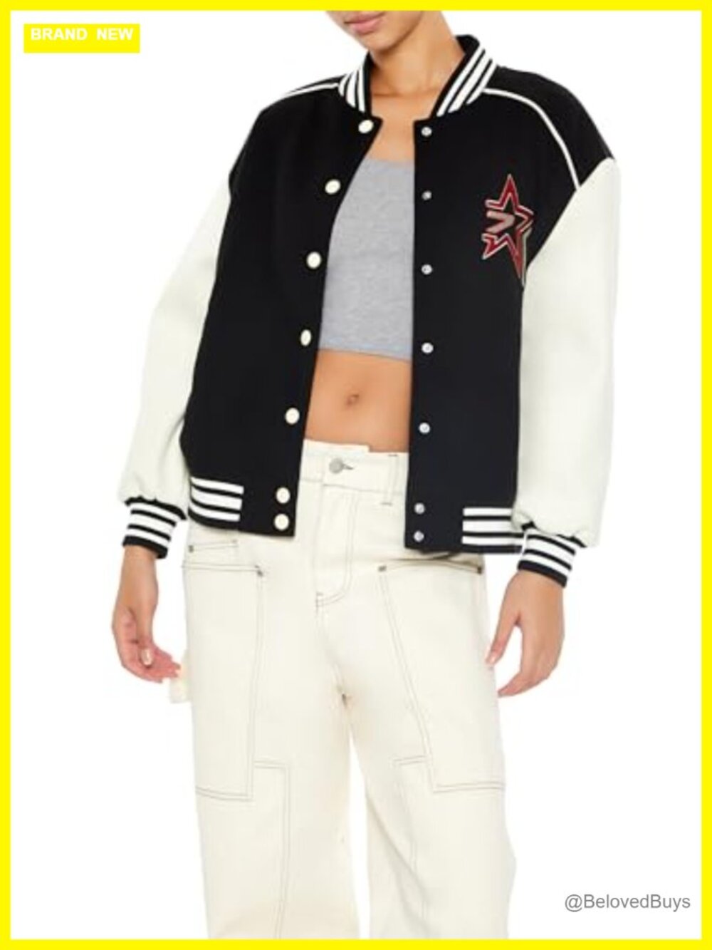 Varsity Letterman Bomber Jacket Star Patch Snap Front Casual